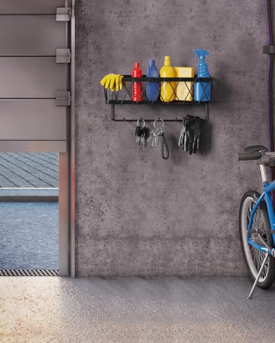 Image of Key Holder Wall Mount Adhesive- Key and Mail Holder for Wall with 5 Hooks, Wall Mounted Mail Organizer and Key Rack, Modern Basket Key Hanger for Entryway, Home, Living Room Wall Decor, Black