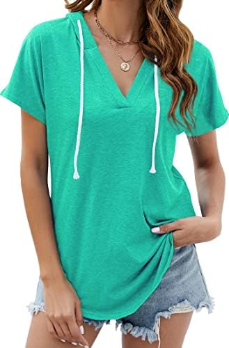 NEKOSI Essentials Hoodie for Women Casual V Neck Tops Short Sleeve Solid Tunic Loose Pullovers