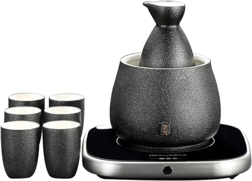 Sake Set with Warmer Cup and Heating Base, Traditional Hot Sake Set 9-Piece Including 1Pc Warming Mug, 1Pc Sake Pot, 6Pcs Sake Cups and Electric Base,Without Tray