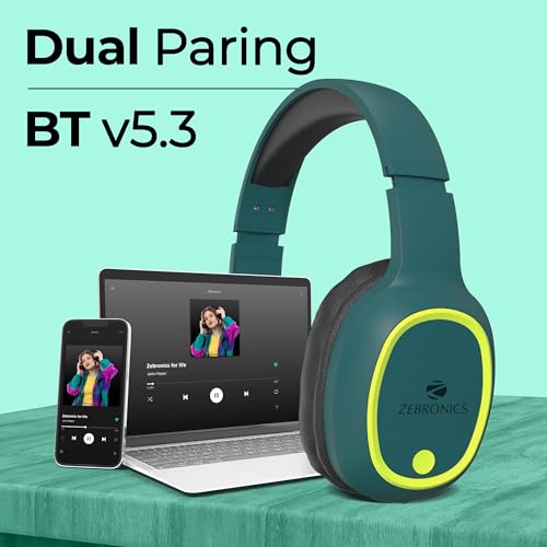Image of ZEBRONICS Thunder Bluetooth 5.3 Wireless Over Ear Headphones with 60H Backup, Gaming Mode, Dual Pairing, Enc, Aux, Micro Sd, Voice Assistant, Comfortable Earcups, Call Function (Teal Green)