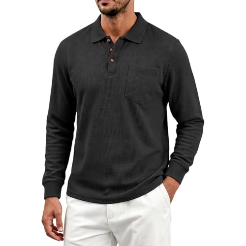 Mens Long Sleeve Polo Shirts Button Down Collar Golf Shirt | Trendy Casual, Button Down Collar, Chest Pocket, Slim Fit, Lightweight, Golf, Work, Fall, Winter Black XL - image 4