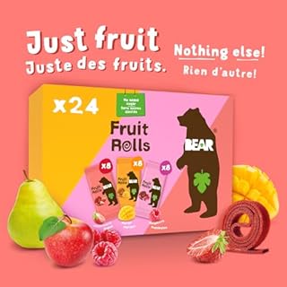 BEAR Fruit Rolls NEW Variety Pack - Strawberry, Mango & Raspberry - Real Fruit Snacks for Kids - 100% Natural Ingredients - No Added Sugar - Gluten Free - Vegan - Non-GMO - Healthy Lunchbox - 24 count