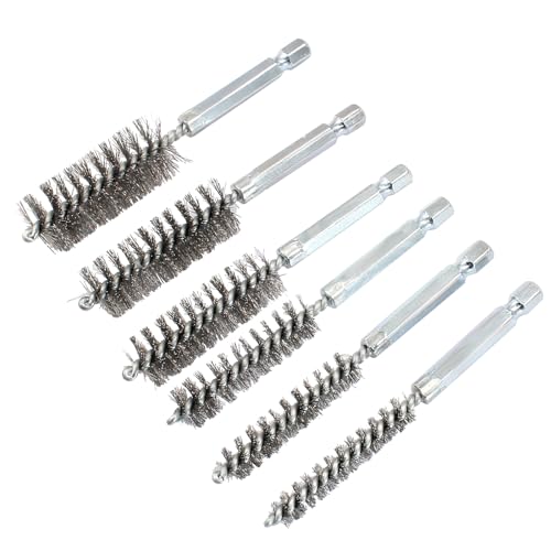Image of Biaungdo 6 Pcs Stainless Bore Brush Set, 8-19mm Twisted Wire Drill Brush | Double Spiral Wire Fill, 1 /4 Hex Shank for Drill, Rust Debris Removal, Auto Pipes Cylinders Cleaning