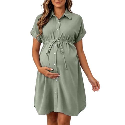 Robe chemise de maternité d'été fluide à manches courtes avec ceinture
