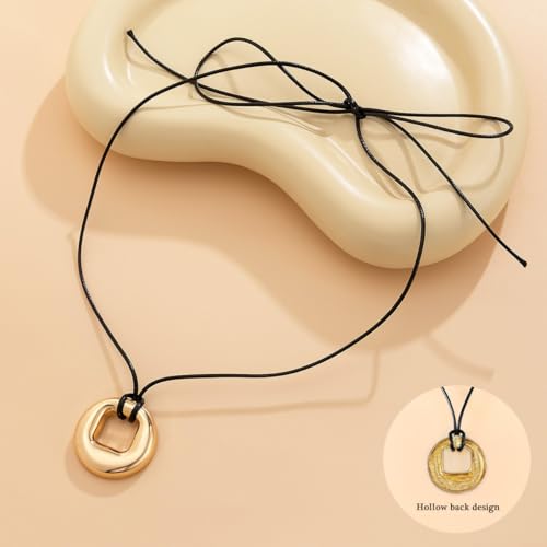 Bethynas Chunky Irregular Circle Pendant Leather Necklace Boho Gold Hoop Long Wrap Rope Neck Tie Punk Summer Party Collar Statement Neck Accessories for Women4