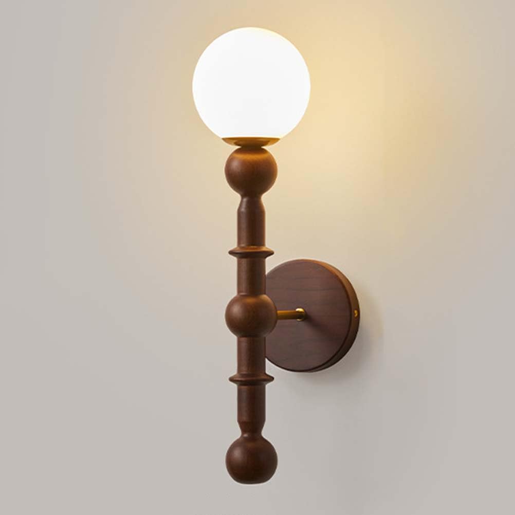 AoLa Holz Wandleuchte E27 Vintage Wandlampe Innen mit Kugel Glas Lampenschirm Nachttischlampe Rund Holz Gestell Retro Industriell Deko Lampe für Schlafzimmer Wohnzimmer Flur Treppe