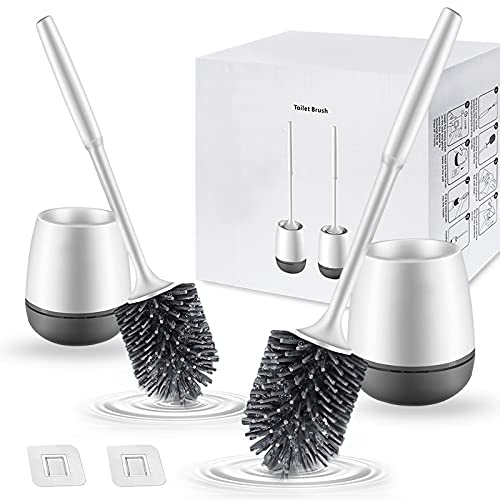 Marsheepy Toilet Brush and Holder, 2 pack Silicone Toilet Brush with Holder, Deep Cleaner Toilet Bowl Brushes with Quick Drying Holder Set for Bathroom Toilet,Grey & White (Flooring/Mounted Wall)