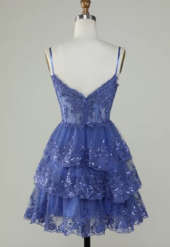 POMUYOO Lace Tiered Homecoming Dresses 2025 Spaghetti Straps Sparkly Tulle Corset Short Prom Dress Formal2