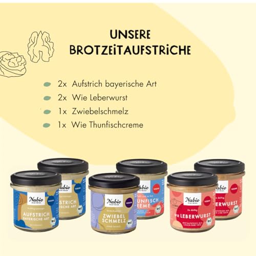 NABIO | Herzhafte Brotzeitbox I 6er Box Bio-Aufstriche I 2x Aufstrich bayerische Art, 2x Wie Leberwurst, 1x Wie Thunfischcreme, 1x Zwiebelschmelz I vegan I (6 x 135g) – Bild 6