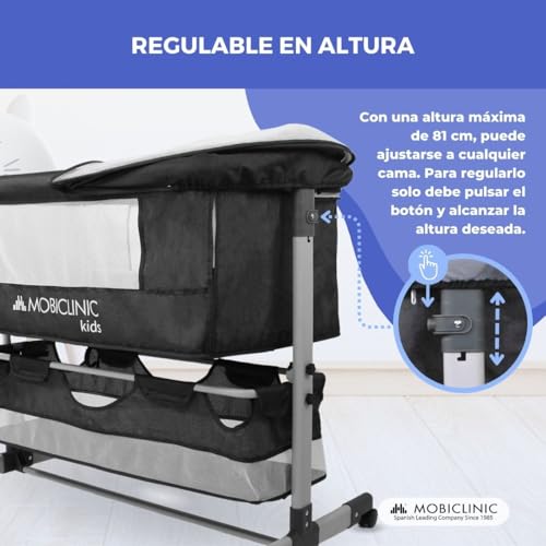 Mobiclinic®, Berço 3 em 1, Night, altura ajustável, colchão, mosquiteira, rodas de 360º, alças de fixação, cesta de armazenamento, até 20 kg, preto