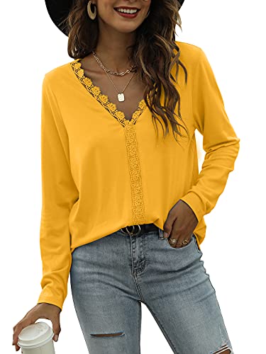 LUKYCILD Womens Sexy Lace V Neck Long Sleeve Shirts Casual Crochet Solid Fall Tunic Blouse Tops Yellow