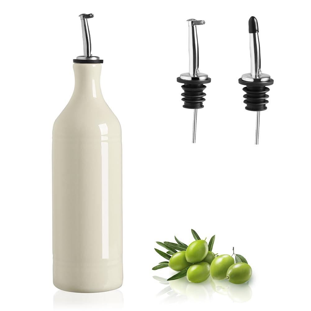 Sweejar Large Ceramic Olive Oil Dispenser Bottle, 24 Fl Oz, Protects Oil, Multi-Function, Beige