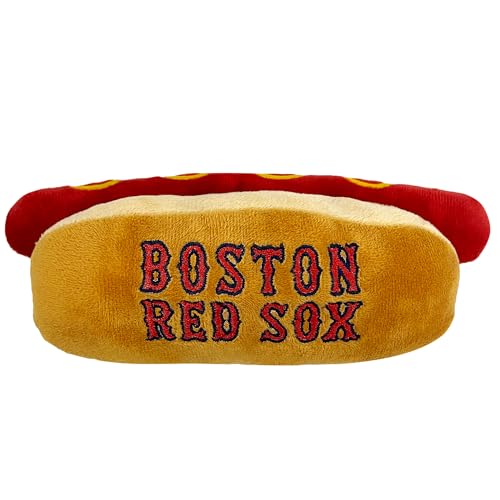 MLB Boston Red Sox Plush Dog Toys - Stadium Theme Snacks - Cutest Plush HOT-Dog Toy for Dogs & Cats with Inner Squeaker & Premium Embroidery of Baseball Team Name/Logo