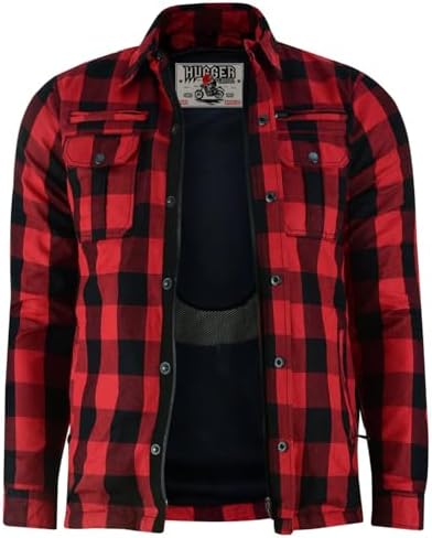 Hugger Mens Armored Motorcycle Shirt Plaid Biker Flannel Jacket Removable Sporty Armored, Mesh Flannels Shirt with Zipper and Snap Closure & Water Resistant