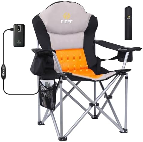 Nice C Heated Camping Chair with Battery, Outdoor Heated Chair, Heated Camping Chairs for Adults, Folding Chair, Beach Chair, Heavy Duty Cooler, Carry Bag, 10000mAh Power Bank Included (1 Pack)