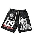 GORGLITTER Men's Letter Graphic Track Shorts Y2K Straight Leg Basketball Drawstring Acid Wash Shorts Black and White Large