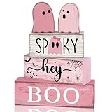 Lineshading 4 Pcs Pink Halloween Decor Ghost Table Decorations Halloween Tiered Tray Decor Farmhouse Ghost Tabletop Centerpiece Rustic Pink Block Sign Gift for Home Kitchen Shelf Office Mantel