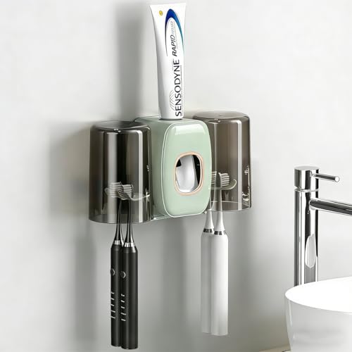 Image of COMFYHOME Tooth Brush Holder Bathroom, Automatic Toothpaste Dispenser, Self Adhesive Brush Stand for Bathroom Wall, Toothbrush Organizer with 2 Mouthwash Cups, 4 Slots Wall Mount Toothbrush Holders