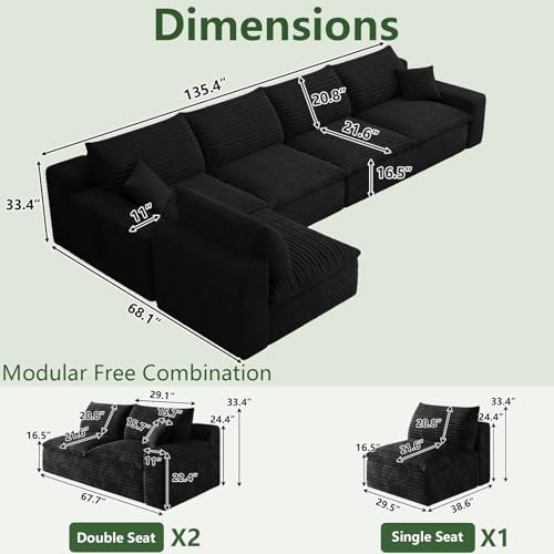 Image of 136 inch Cloud Couch Modular Sectional Sofa for Living Room, L-Shape Boneless Couch with Deep Seat, Modern Corduroy 5-Seater, No Assembly Required, Black