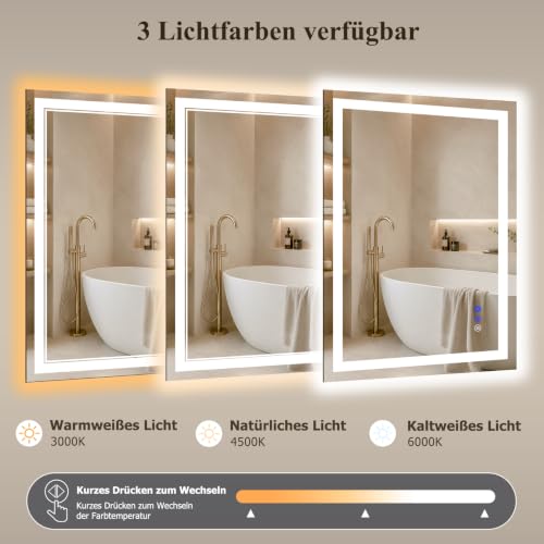 XRAMFY Badspiegel mit Beleuchtung LED 80×50CM, 3 Farbtemperaturen & stufenloses Dimmen, Anti-Beschlag, Spiegel mit Beleuchtung… – Ansicht 3