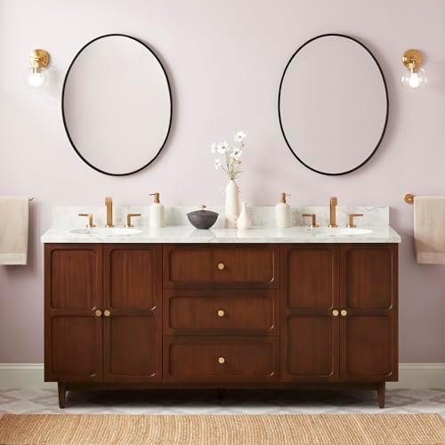 Signature Hardware 953980-72-UM-8 Delavan 72" Freestanding Mahogany Double Basin Vanity Set with Cabinet, Vanity Top, and Oval Undermount Sinks - 8" Faucet Holes - Cold Brew/Carrara Marble