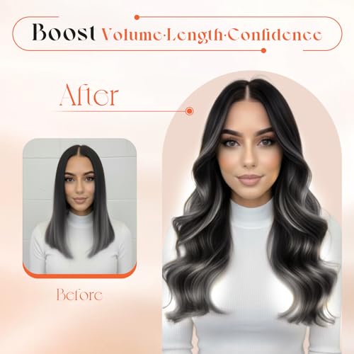 Image of Sunny Hair Clip in Hair Extensions Real Human Hair Black Ombre Balayage | 18 Inch Real Human Hair Clip in Extensions Natural Black Ombre Balayage Silver Grey, Natural Soft Fullness at Prom 120g