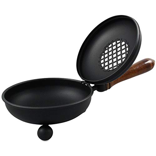 MaMeMi Räucherpfanne aus Eisen in schwarz mit Holzgriff, Deckel aufklapppbar Cover