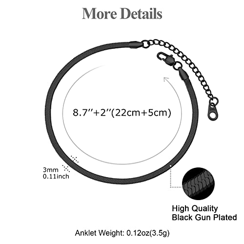 Focalook Black Anket For Women, 3Mm Stainless Steel Anklet Waterproof Beach Foot Jewelry Adjustable Flat Snake Chain Herringbone Ankle Bracelets For Large Ankle 8.7-10.7 Inch #TOP5