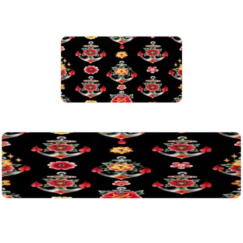 Tapis de couloir pour cuisine et buanderie motif ancres maritimes
