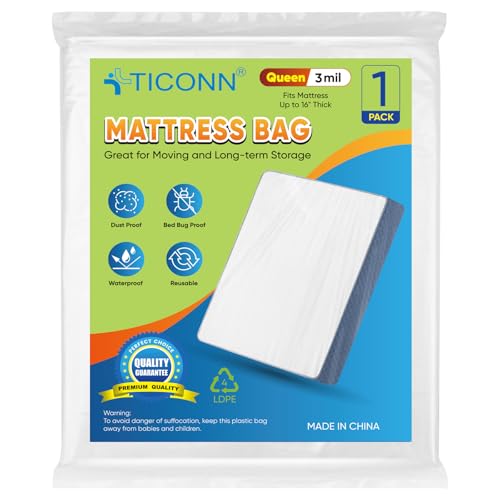 TICONN 1PK Plastic Mattress Bags for Moving, Waterproof Mattress Cover