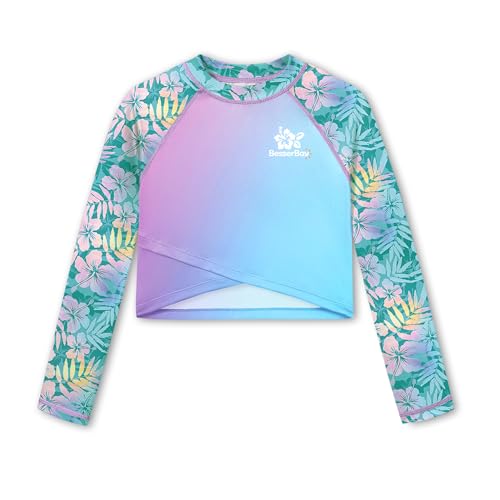 Image of BesserBay Girls Rash Guard UPF 50+ Long Sleeve Mock Neck Crossover Hem Swim Crop Top 4-14 Years