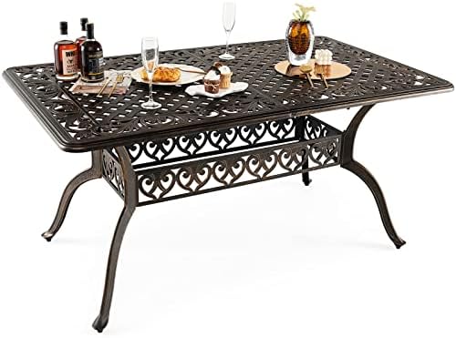 Tangkula 59 Inches Outdoor Dining Table, All-Weather Cast Aluminum Table with Umbrella Hole, 6-8 Person Rectangular Dining Table for Garden, Backyard and Poolside (Bronze)