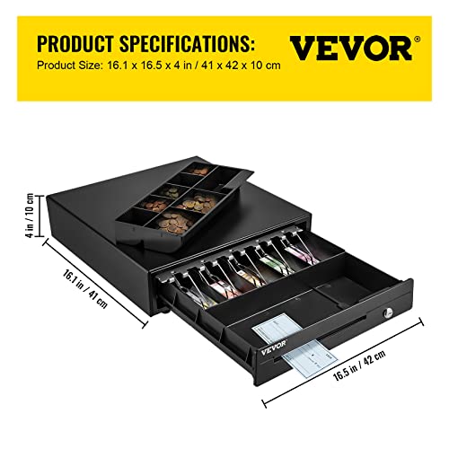 Vevor Cash Register Drawer, 16" 12 V, For Pos System With 5 Bill 8 Coin Cash Tray, Removable Coin Compartment & 2 Keys Included, Rj11/Rj12 Cable For Supermarket, Bar, Coffee Shop, Restaurant #TOP6