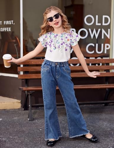 Image of Arshiner Girls T Shirts Ruffle Short Sleeve Summer Pleated Crewneck Casual Tops Tees Blouses