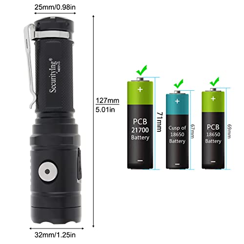 Securitying Usb Rechargeable Led Flashlight,1800Lm 7 Modes Super Bright Waterproof Led Torch With Pocket Clip And Type-C Cable, Powered By 21700 / Cr123A Battery (Not Included) #TOP1