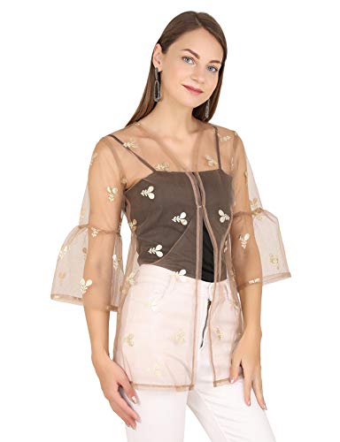 Image of UNFAKENOW Women Floral Embroidered Pearl Embellished Net Shrug