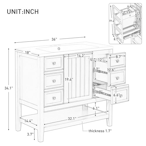 36\'\'Bathroom Vanity with Sink, Modern Bathroom Storage Cabinet with One Cabinet and Three Drawers, Solid Wood Frame, Ceramic Sink (Black)