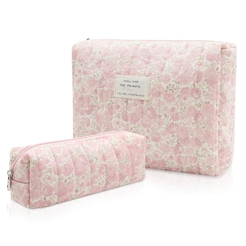 Gosect Floral Makeup Bag, Large Cosmetic Bag for Women Girls, Cute Cotton Make up Pouch, Quilted Makeup Bags, Flower Travel Toiletry Organizer Bag(Blue Floral)