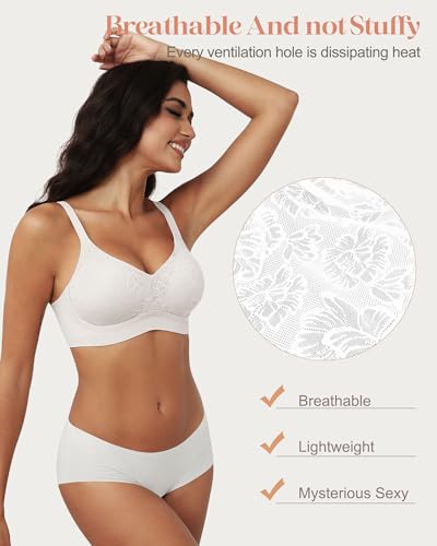 Image of As Fairy Womens Bras Lace Wireless Seamless Padded Full Coverage Soft Comfort No Underwire Wirefree Push Up Support Bralette White 32A