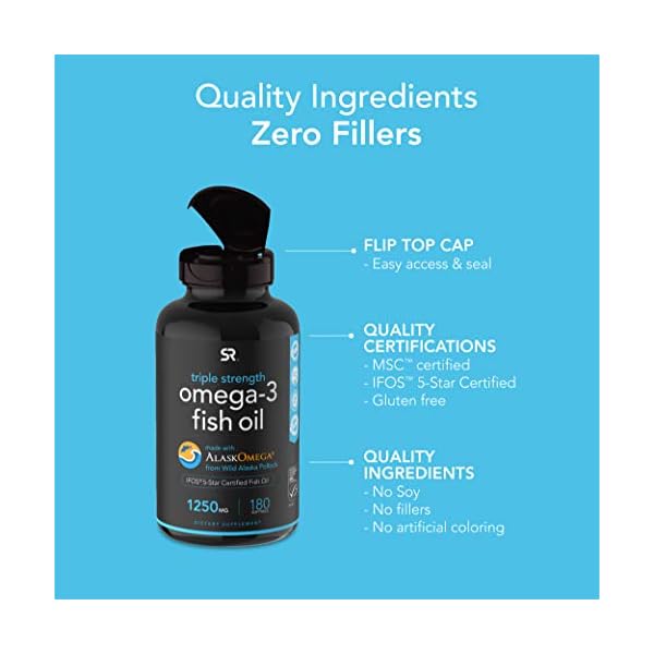 Sports Research Triple Strength Omega 3 Fish Oil - Burpless Fish Oil Supplement w/EPA & DHA Fatty Acids from Single-Source Wild Alaskan Pollock - 1250 mg, 90 ct