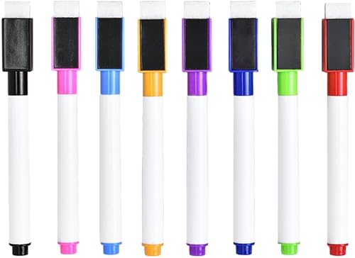 OunglyChoi 8 PACK Whiteboard Pens with Eraser and Magnetic,8 Colors Erasable Dry Wipe Marker for Whiteboard, Office, School