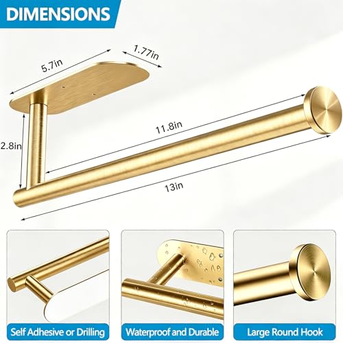 Image of Gold Paper Towel Holder Under Cabinet, Adhesive Paper Towel Roll Holder Stick on Wall, Stainless Steel Towel Paper Holder for Bathroom Kitchen
