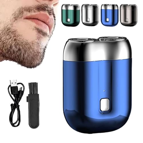 Portable Rotary Dual Ring Electric Shaver, Mini Small Steel Cannon Rotary Dual Ring Electric Shaver, USB Rechargeable Waterproof Pocket Razor for Men - Wet and Dry Use (Blue)