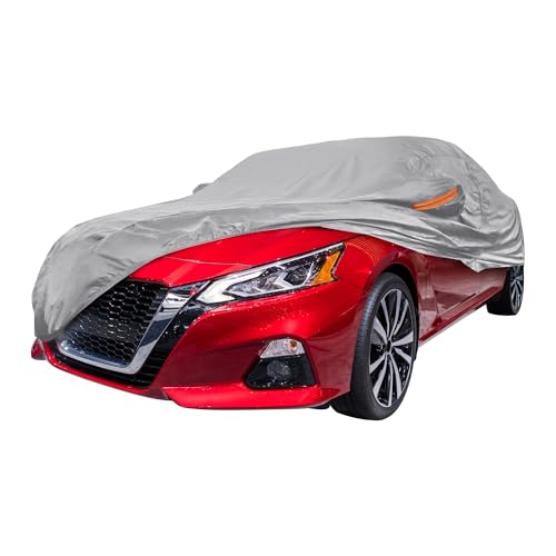 Image of Silver Tone Heavy Duty Waterproof Car Cover for Sedan 201 inch-207 inch - All-Weather UV Protected Outdoor Full Exterior Cover with Sun /Snow /Rain Resistance