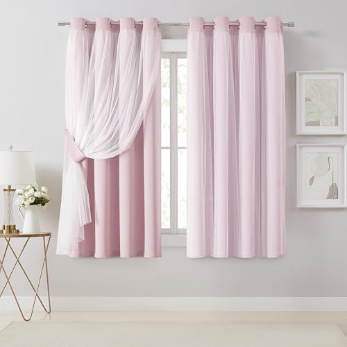 Image of Bujasso Pink Blackout Curtains with Sheer Overlay Mix and Match Double Layer 80% Room Darkening Window Treatment Set for Girls Bedroom Living Room Pink Drapes with Tiebacks Grommet Top 54 inch Wx63 Lx2