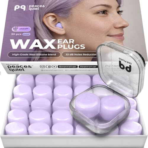 Image of Peace&Quiet PQ Wax Ear Plugs for Sleeping, Swimming - 30 Soft Noise Cancelling Silicone Gel Wax Earplugs for Sleep and Swimmers, Ear Protection with Sound Blocking Level of 32 Db, Lavender