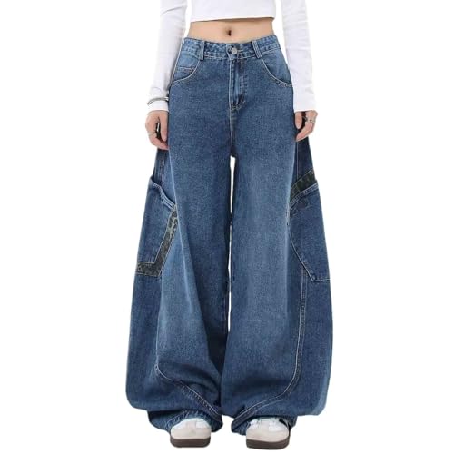 Women's Retro Niche Vintage Jeans, Loose and Slimming Leopard Print Patchwork Curved Pants Wide Leg Jeans Woman