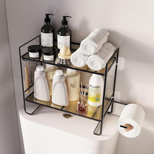 AffinityFurn Over The Toilet Storage Shelf, 2-Tier Metal Bathroom Organizer with Toilet Paper Holder & Hooks, Space Saving Tank Rack for Bathroom Organization, Black