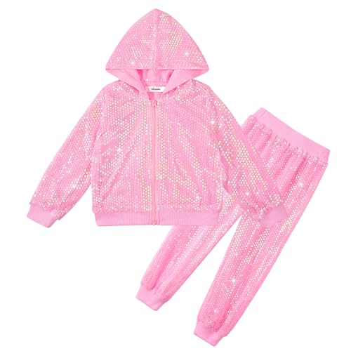 Image of LOLANTA 2Pcs Girls Dance Outfits Cropped Sequin Jacket Pants Set, Kids Hip Hop Dance Costumes for 80s 90s Party 5-15 Years