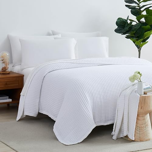 Southshore Fine Living, Inc. Luxury Waffle Throw Blanket for Couch or Bed, Textured White Blanket Throw, 100% Cotton, Warm in Winter, Cool in Summer, 50 x 60 Throw, Oeko-TEX Certified, White